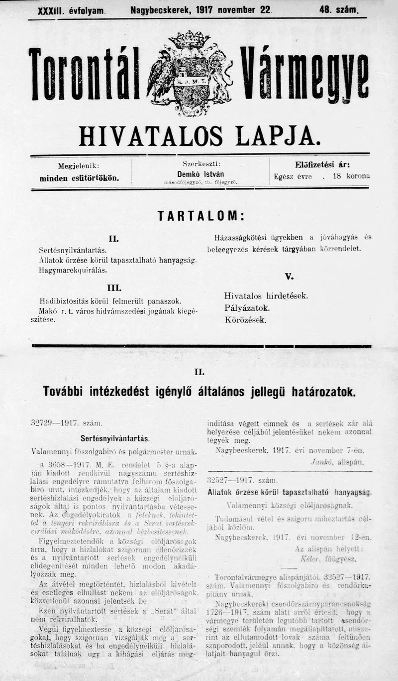 Torontál Vármegye Hivatalos Lapja, 33. évf. 1917. november 22. 48. sz.