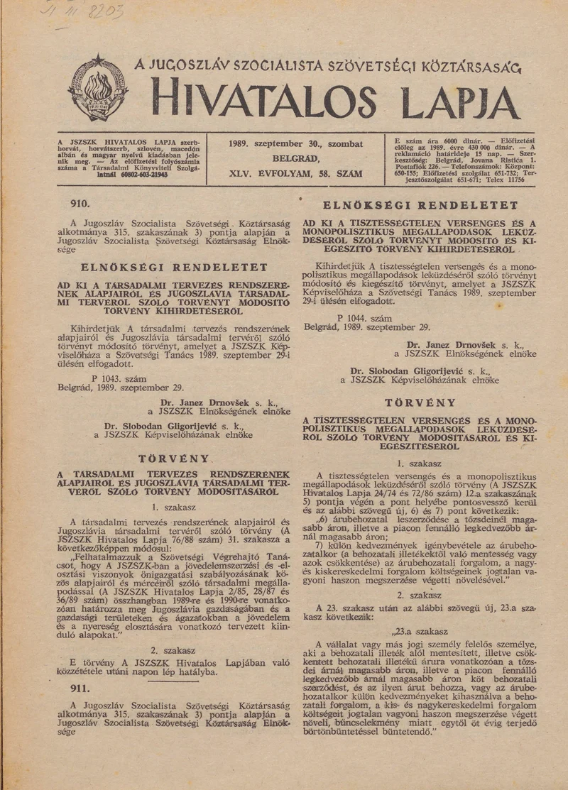 A Jugoszláv Szocialista Szövetségi Köztársaság Hivatalos Lapja, 45. évf. 1989. szeptember 30. 58. sz. 1457–1464. oldal