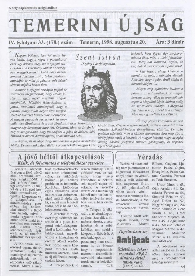 Temerini Újság, 4. évf. 1998. augusztus 20. 33. sz.