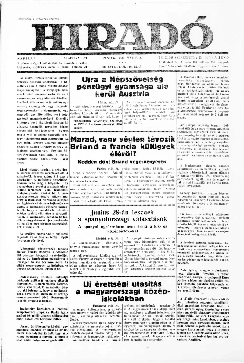Híradó, 60. évf. 1931. május 22. 116. sz.