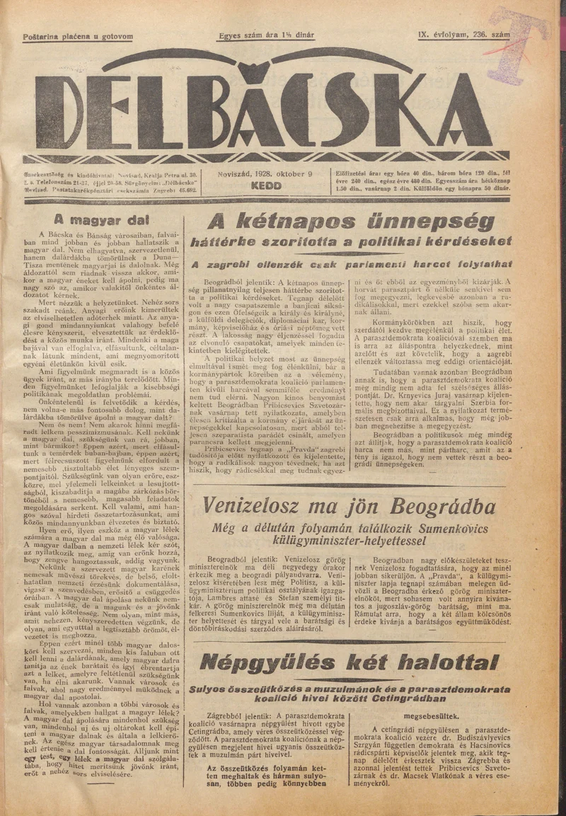 Délbácska, 9. évf. 1928. október 9. 236. sz.