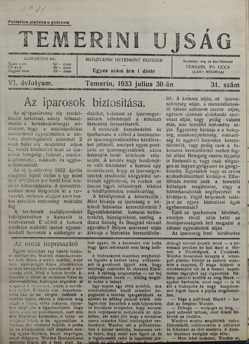 Temerini Újság 1928-1944, 6. évf. 1933. július 30. 31. sz.
