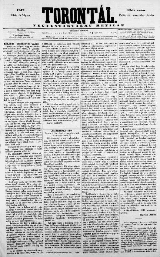 Torontál, 1. évf. 1872. november 14. 33. sz.