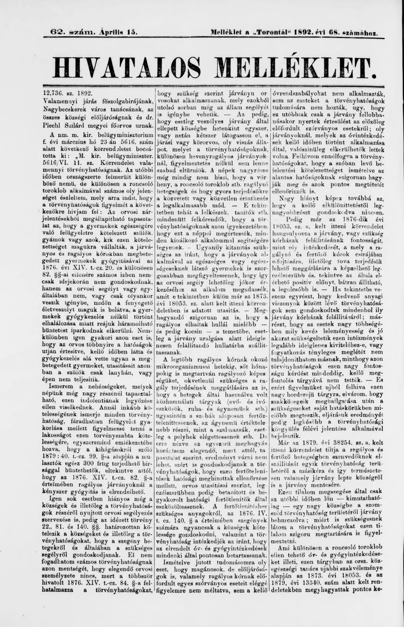 A Totontál  hivatalos melléklete, 5. évf. 1892. április 15. 62. sz.