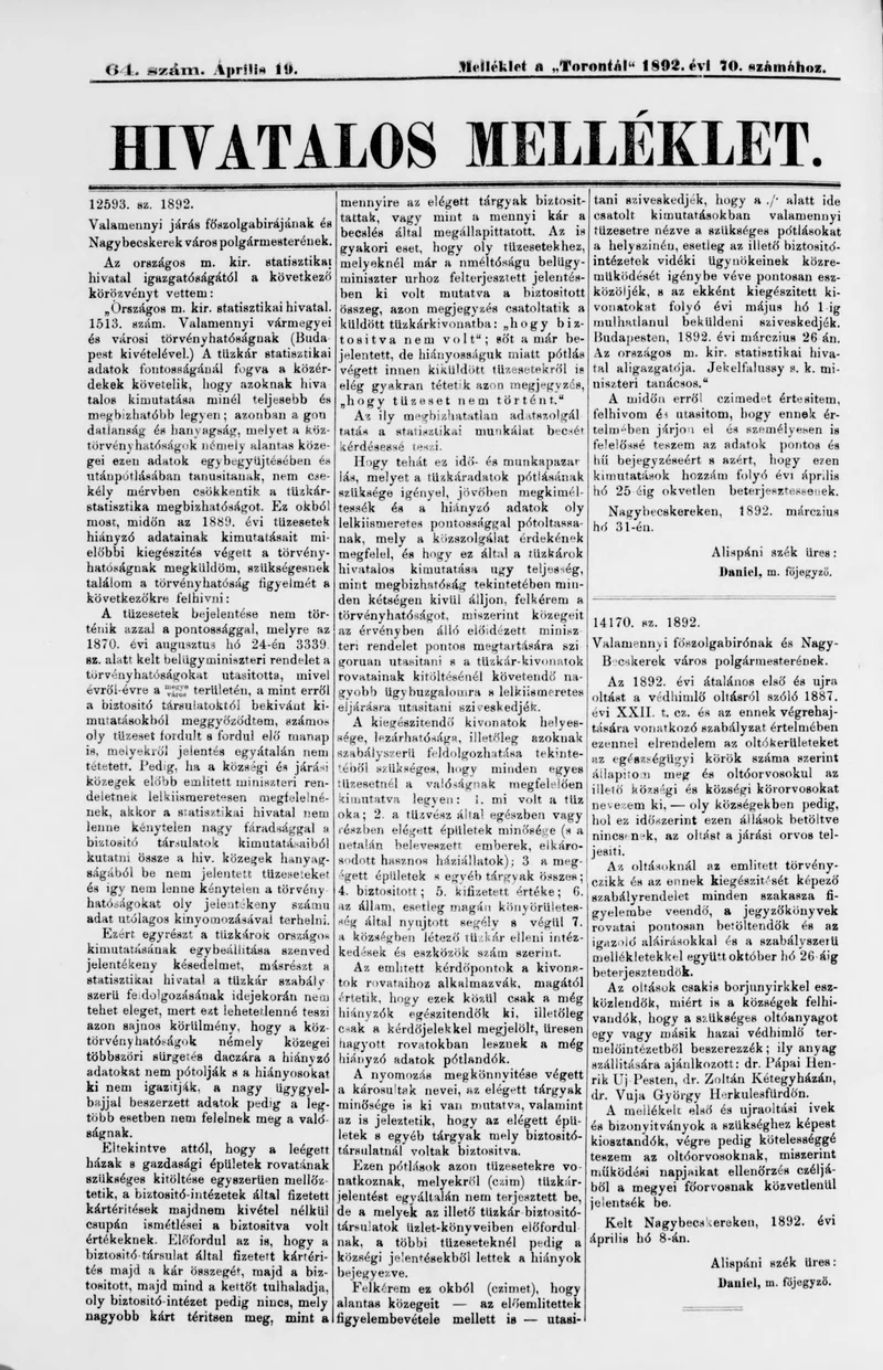 A Totontál  hivatalos melléklete, 5. évf. 1892. április 19. 64. sz.