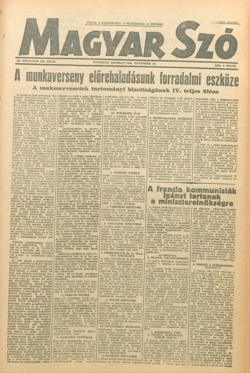 Magyar Szó, 3. évf. 1946. november 16. 273. sz.