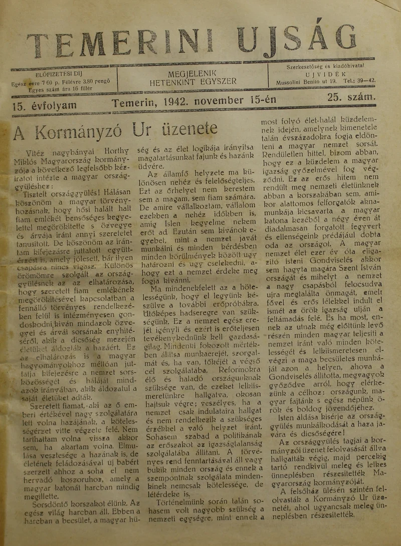 Temerini Újság 1928-1944, 15. évf. 1942. november 15. 25. sz.