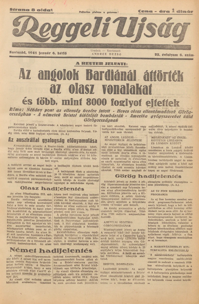 Reggeli Újság, 22. évf. 1941. január 6. 6. sz.