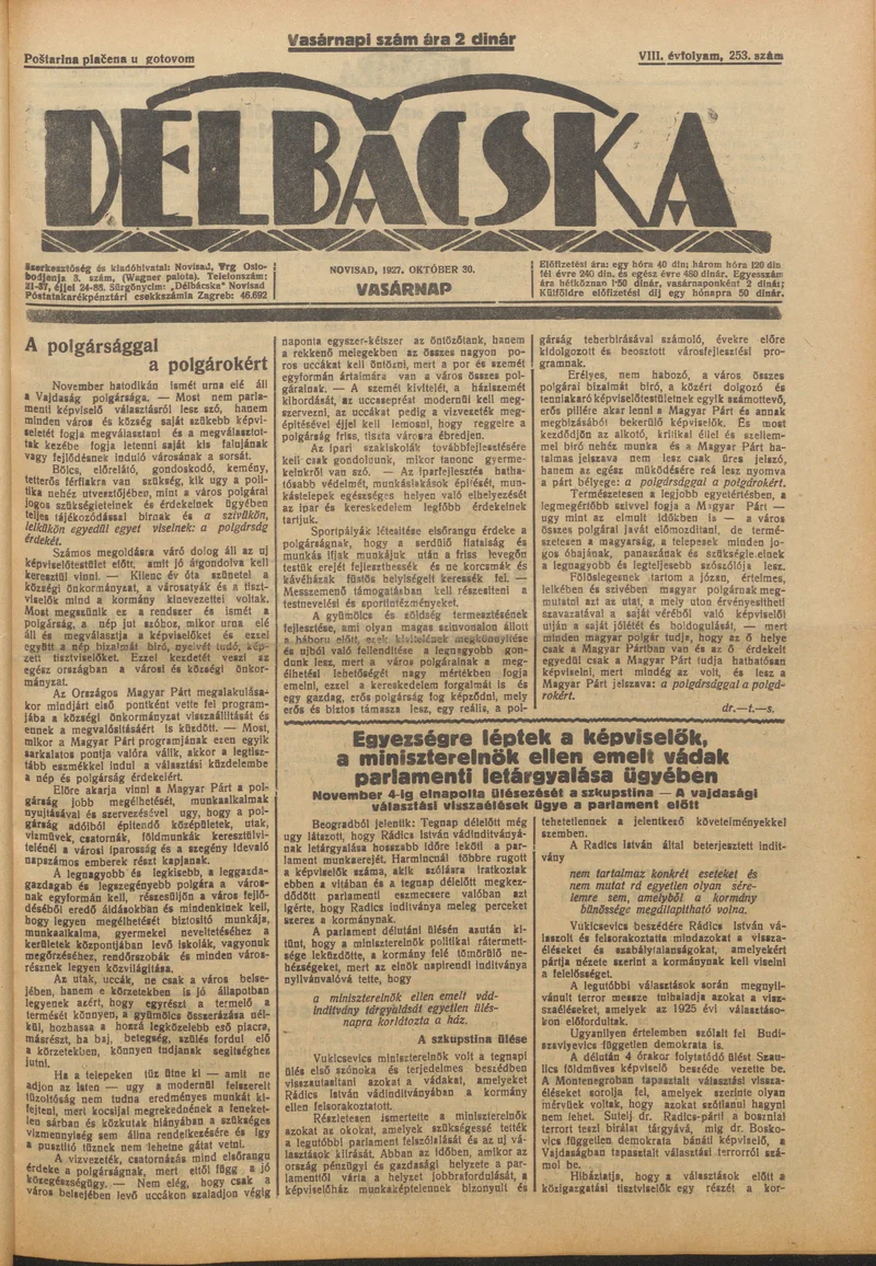 Délbácska, 8. évf. 1927. október 30. 253. sz.