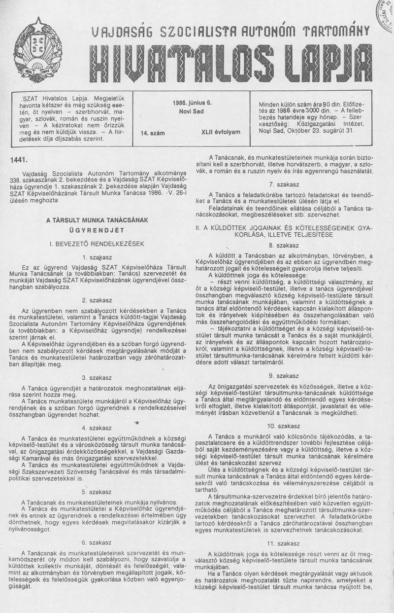 Vajdaság Szocialista Autonóm Tartomány Hivatalos Lapja, 42. évf. 1986. június 6. 14. sz.