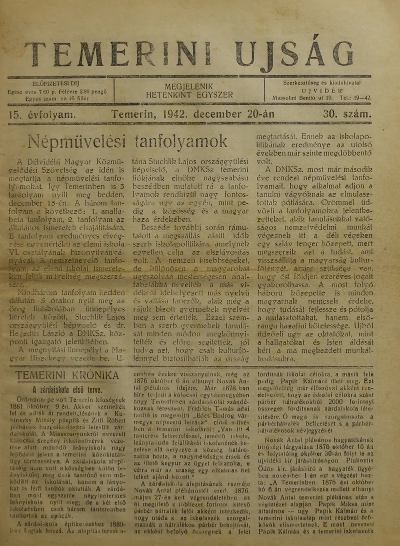 Temerini Újság 1928-1944, 15. évf. 1942. december 20. 30. sz.