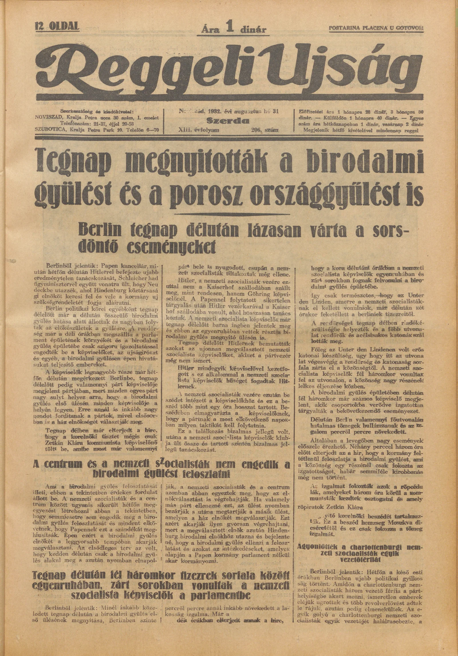 Reggeli Újság, 13. évf. 1932. augusztus 31. 206. sz.