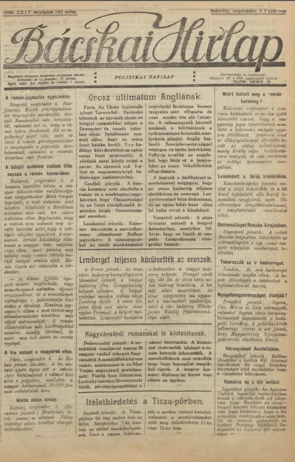 Bácskai Hirlap, 24. évf. 1920. szeptember 5. 144. sz.