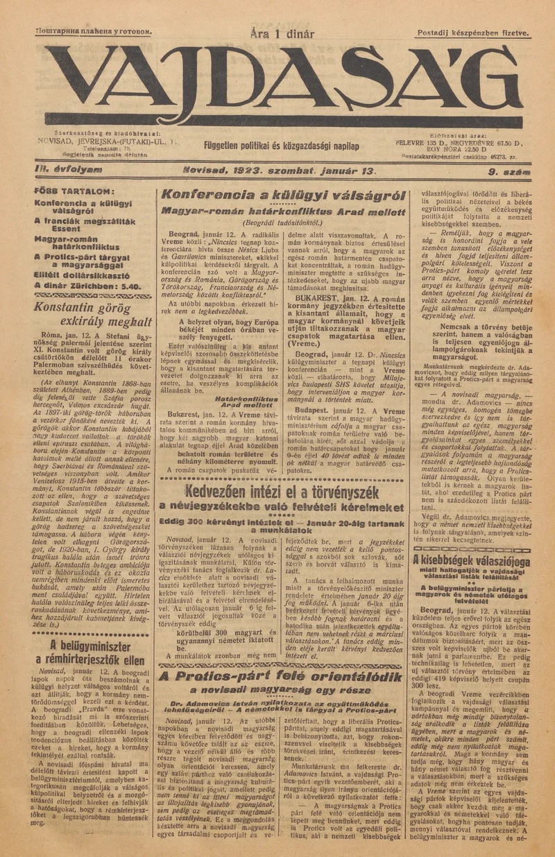 Vajdaság, 3. évf. 1923. január 13. 9. sz.