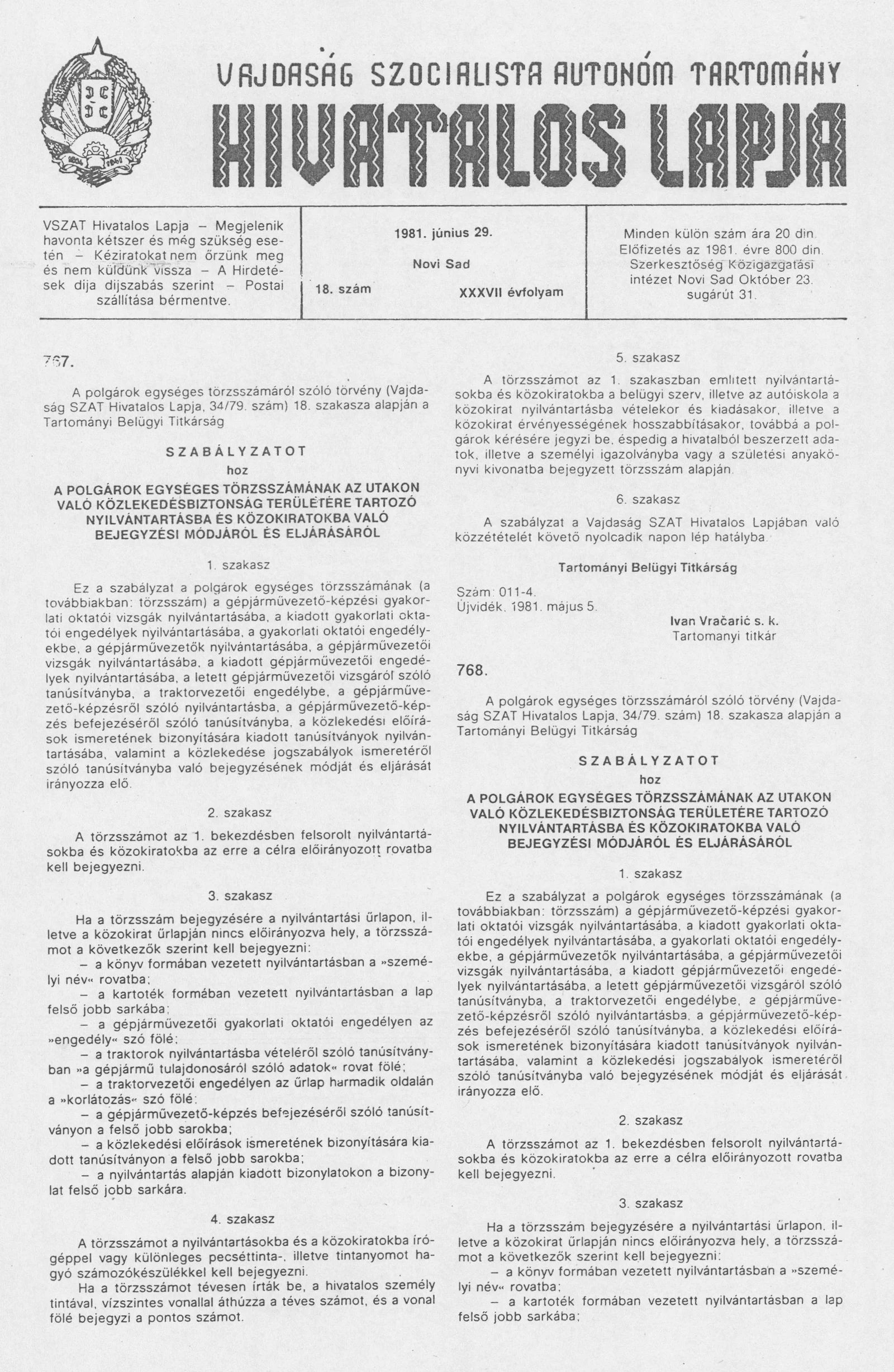 Vajdaság Szocialista Autonóm Tartomány Hivatalos Lapja, 37. évf. 1981. június 29. 18. sz.
