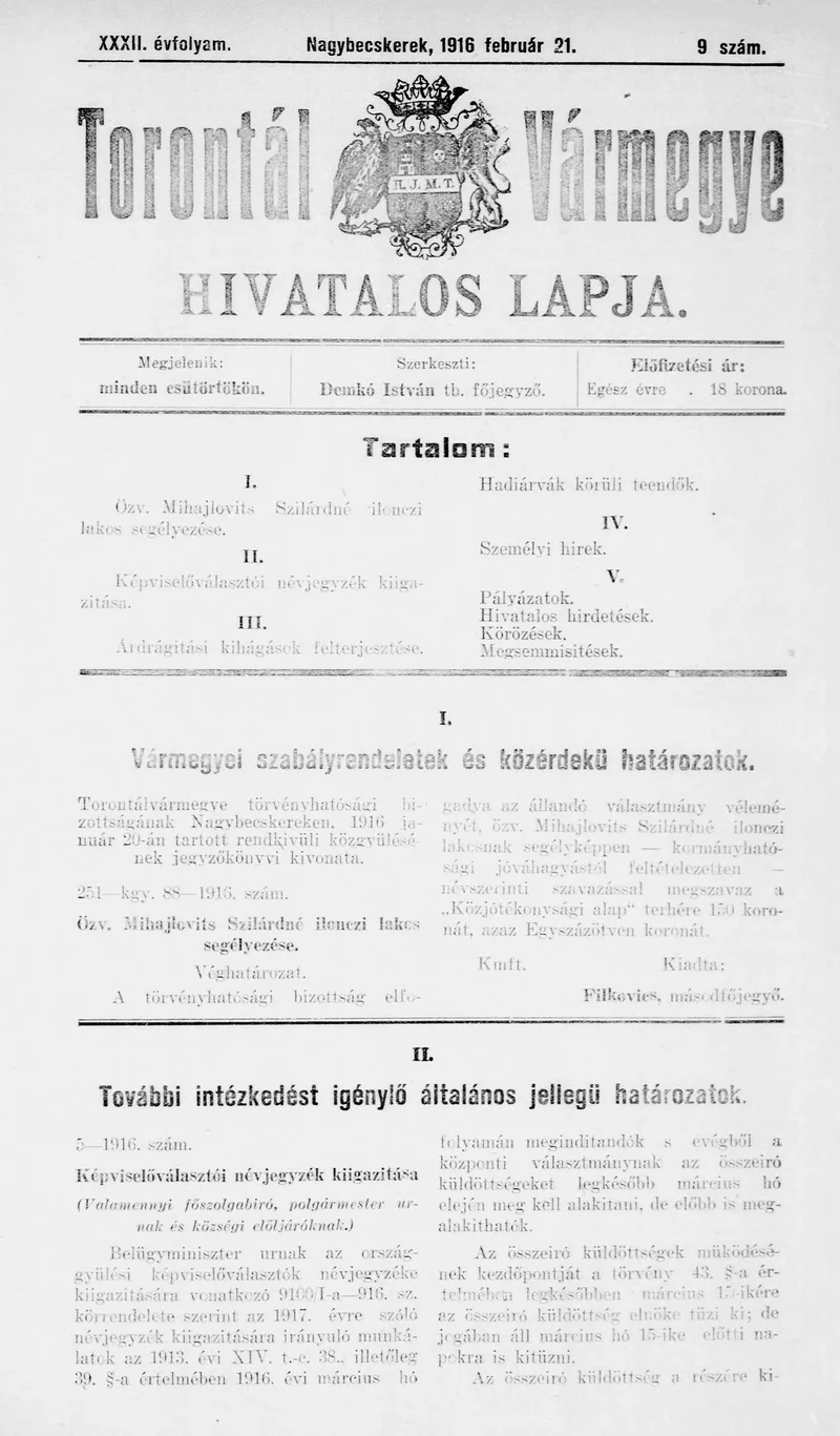 Torontál Vármegye Hivatalos Lapja, 32. évf. 1916. február 21. 9. sz.