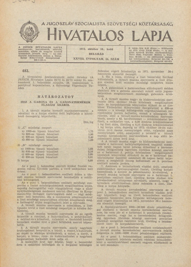 A Jugoszláv Szocialista Szövetségi Köztársaság Hivatalos Lapja, 28. évf. 1972. október 10. 54. sz. 1005–1008. oldal
