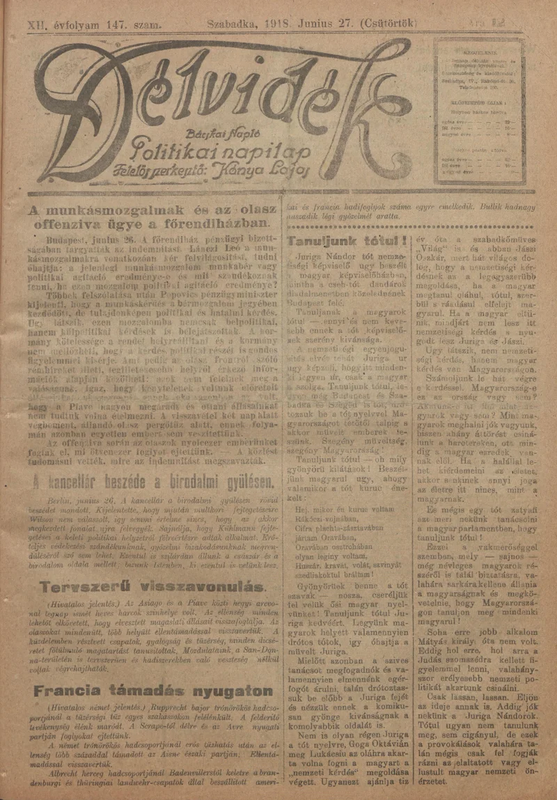 Délvidék, 12. évf. 1918. június 27. 147. sz.