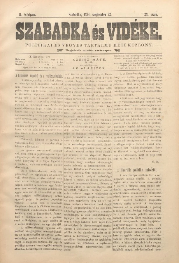 Szabadka és vidéke II, 2. évf. 1894. szeptember 23. 38. sz.
