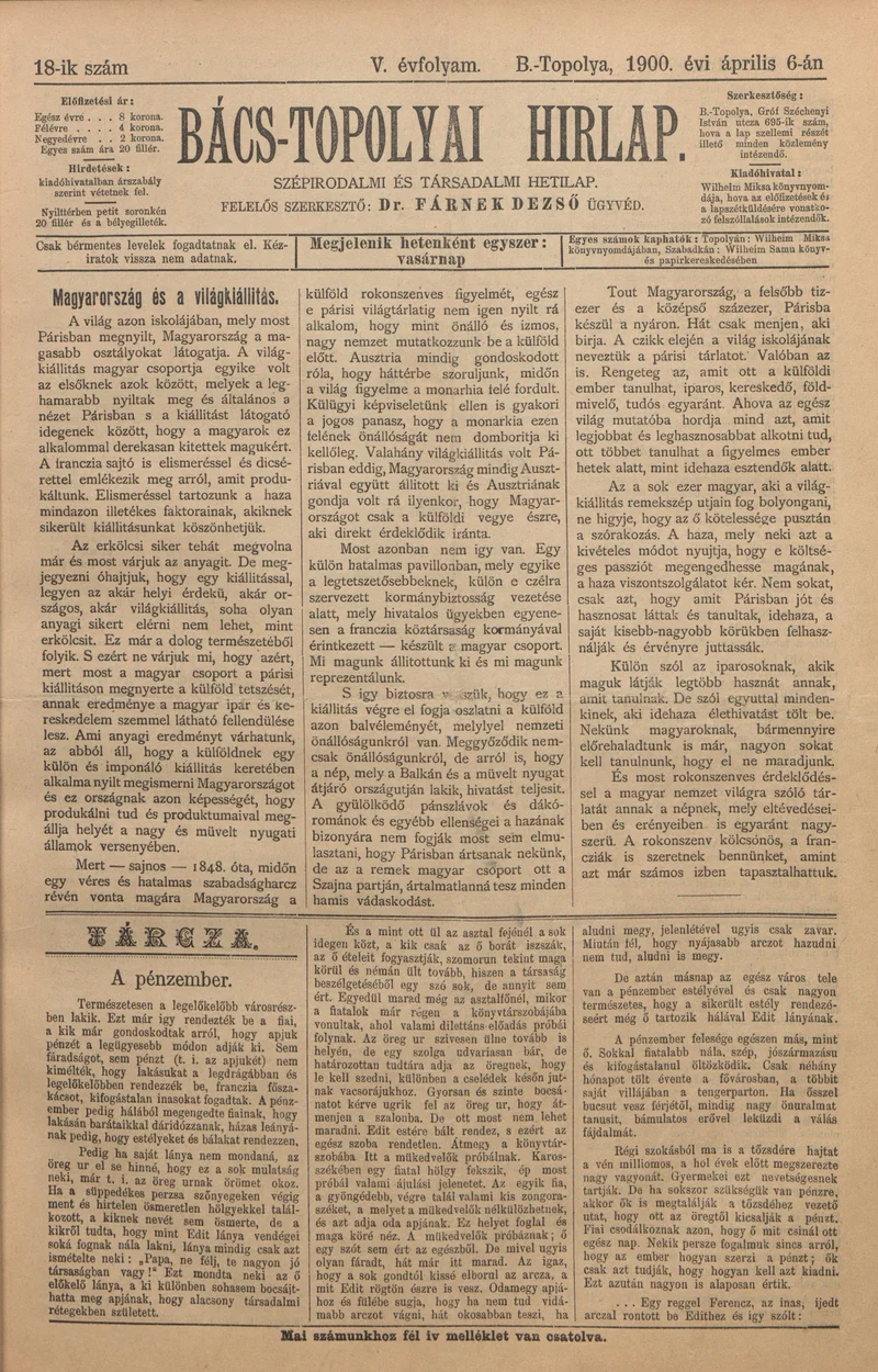 Bács-Topolyai Hirlap, 5. évf. 1900. május 6. 18. sz.