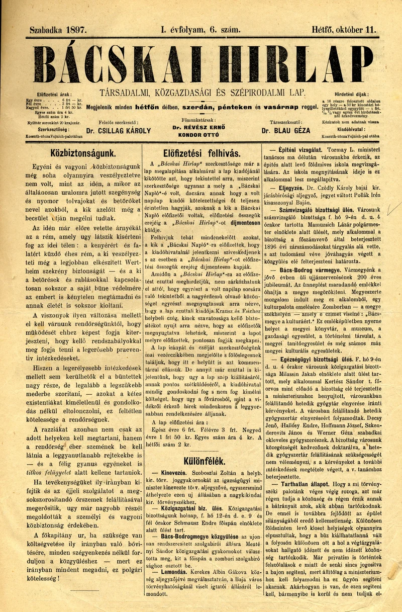 Bácskai Hirlap, 1. évf. 1897. október 11. 6. sz. 1–2. oldal