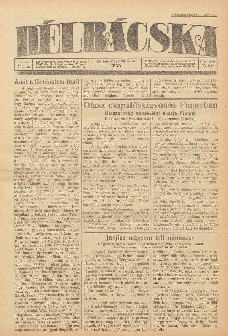 Délbácska, 4. évf. 1923. július 10. 155. sz.
