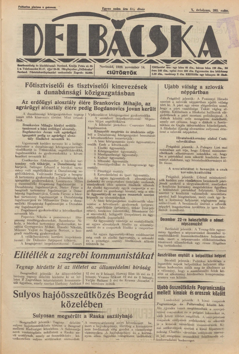 Délbácska, 10. évf. 1929. november 14. 265. sz.