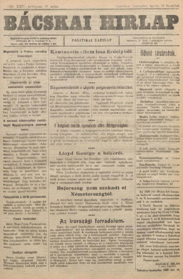 Bácskai Hirlap, 24. évf. 1920. április 24. 45. sz.