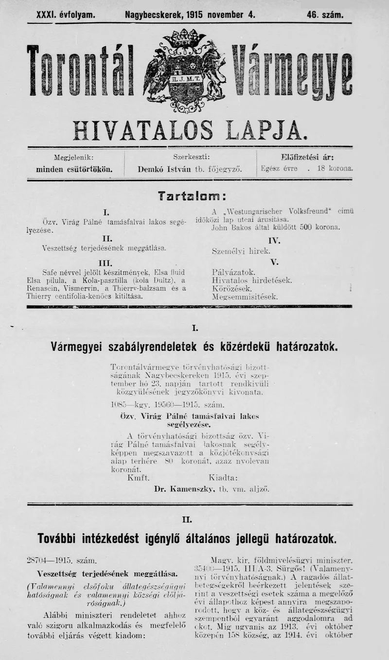 Torontál Vármegye Hivatalos Lapja, 31. évf. 1915. november 4. 46. sz.