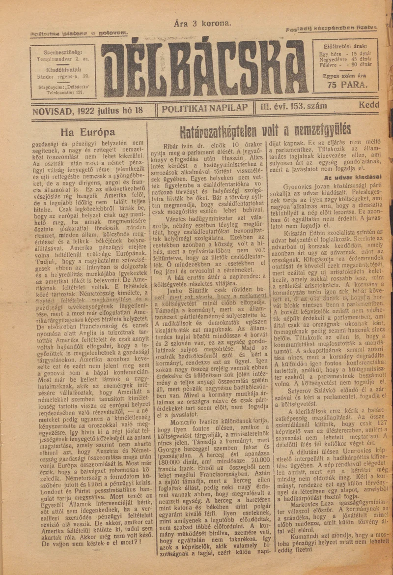 Délbácska, 3. évf. 1922. július 18. 153. sz.