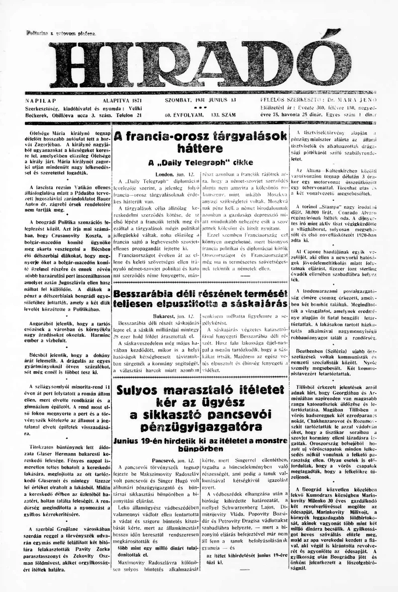 Híradó, 60. évf. 1931. június 13. 133. sz.