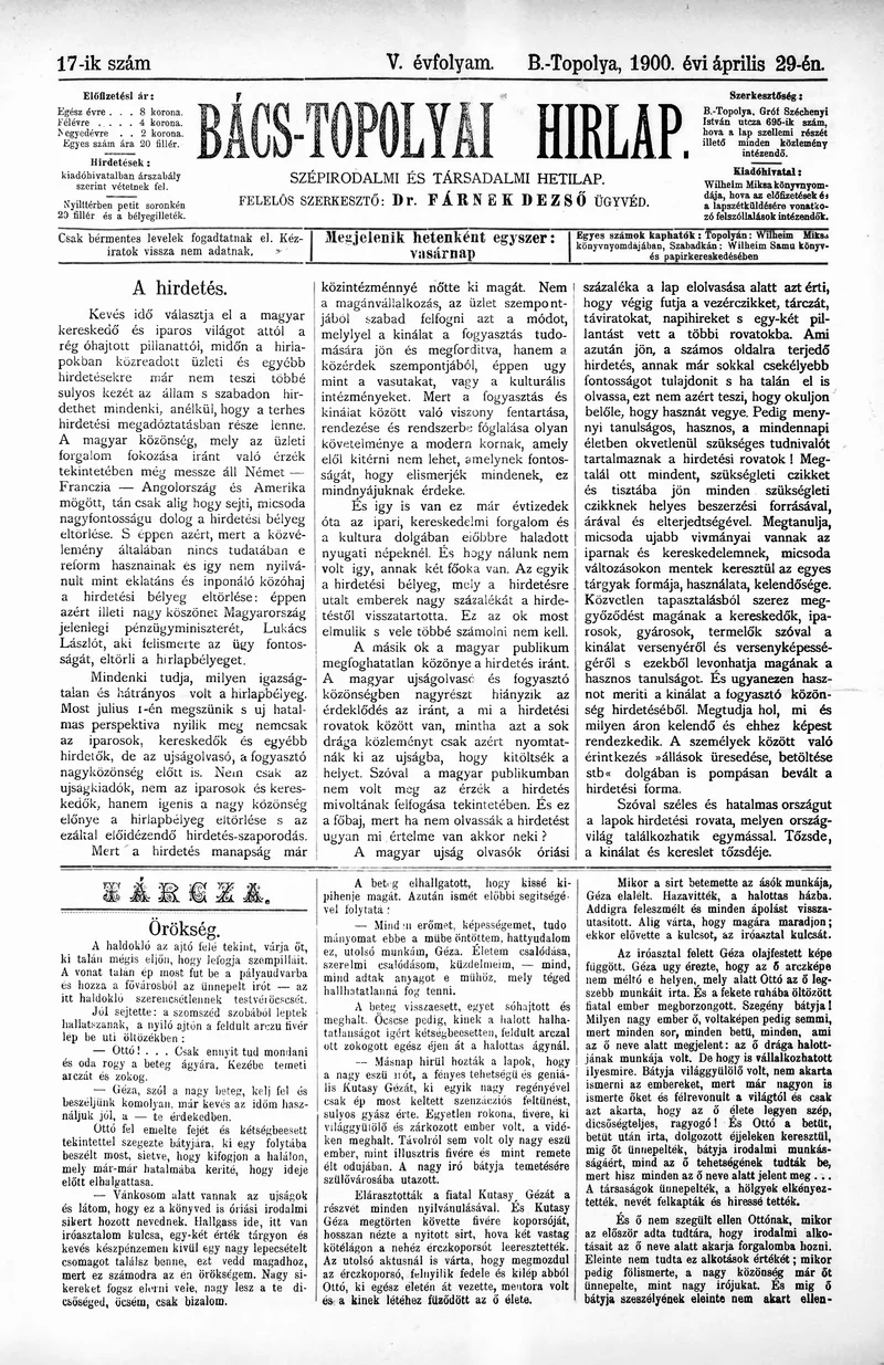 Bács-Topolyai Hirlap, 5. évf. 1900. április 29. 17. sz.