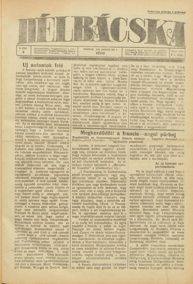 Délbácska, 5. évf. 1924. január 8. 6. sz.