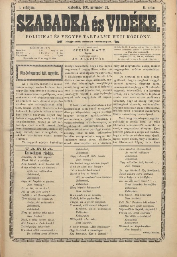 Szabadka és vidéke II, 1. évf. 1893. november 26. 41. sz.