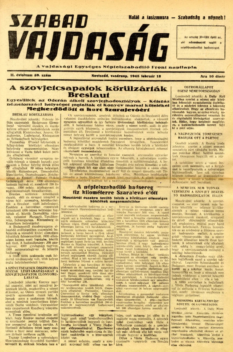Szabad Vajdaság, 2. évf. 1945. február 18. 39. sz.