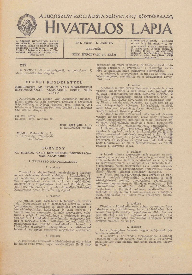 A Jugoszláv Szocialista Szövetségi Köztársaság Hivatalos Lapja, 30. évf. 1974. április 11. 17. sz. 425–496. oldal