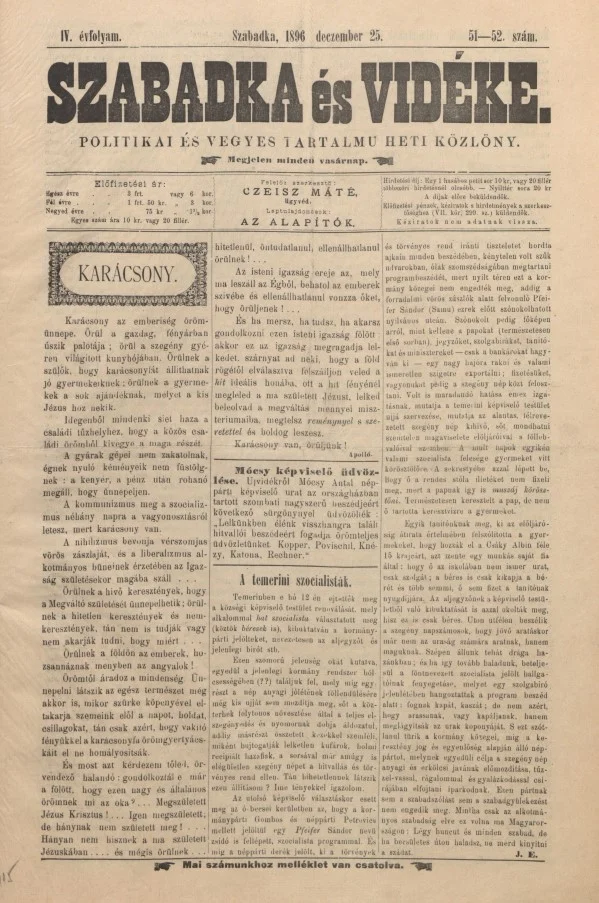 Szabadka és vidéke II, 4. évf. 1896. december 25. 51–52. sz.