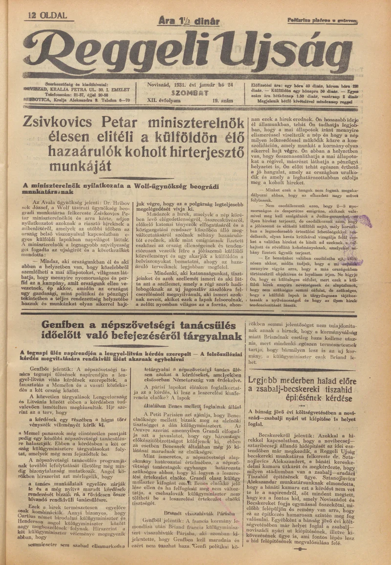 Reggeli Újság, 12. évf. 1931. január 24. 19. sz.