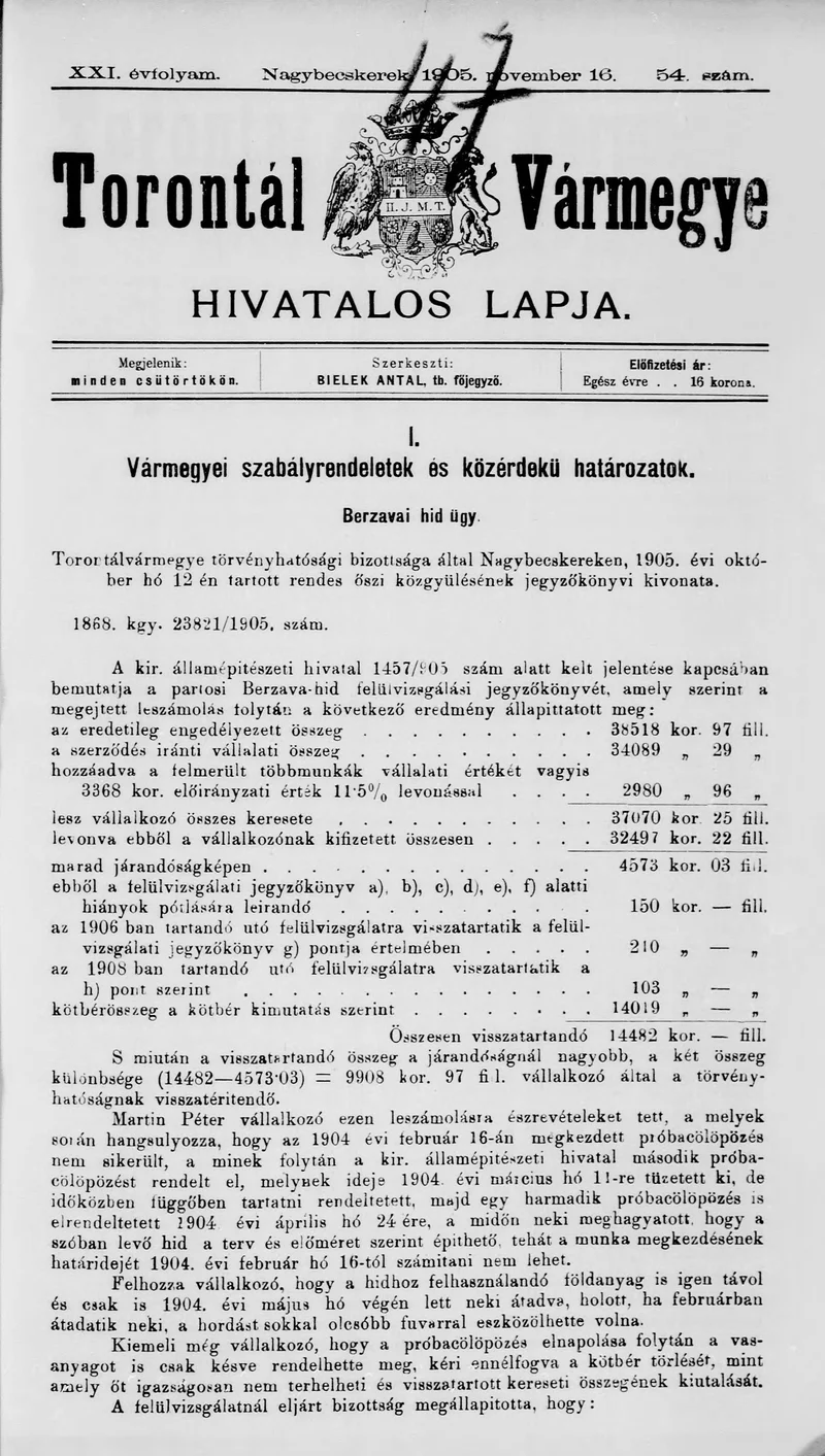 Torontál Vármegye Hivatalos Lapja, 21. évf. 1905. november 16. 54. sz.