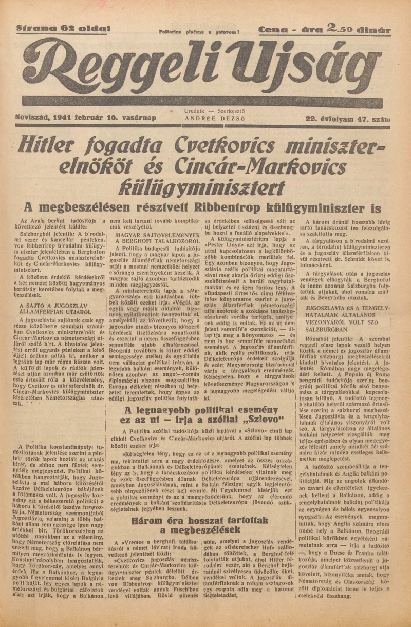 Reggeli Újság, 22. évf. 1941. február 16. 47. sz.