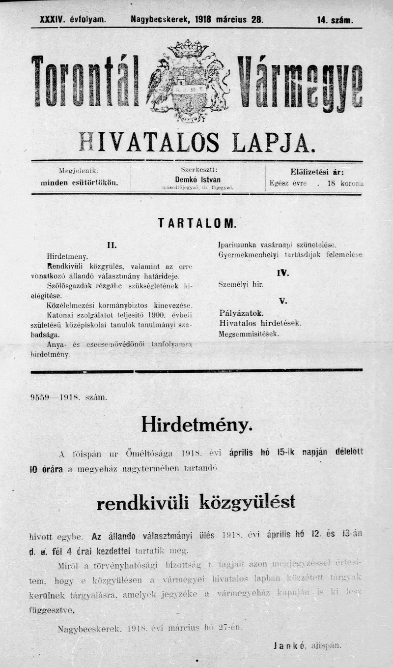 Torontál Vármegye Hivatalos Lapja, 34. évf. 1918. március 28. 14. sz.