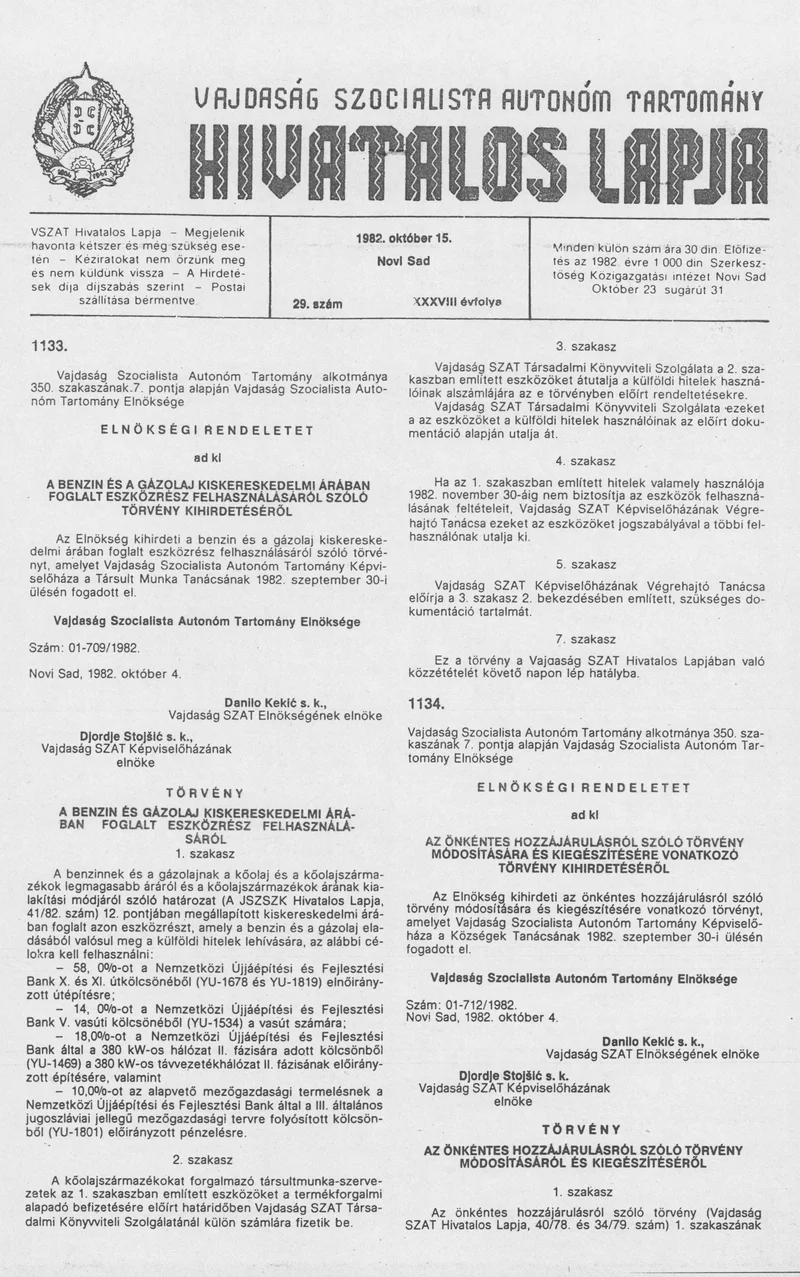 Vajdaság Szocialista Autonóm Tartomány Hivatalos Lapja, 38. évf. 1982. október 15. 29. sz.