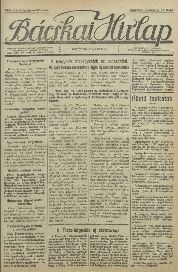 Bácskai Hirlap, 24. évf. 1920. augusztus 24. 133. sz.