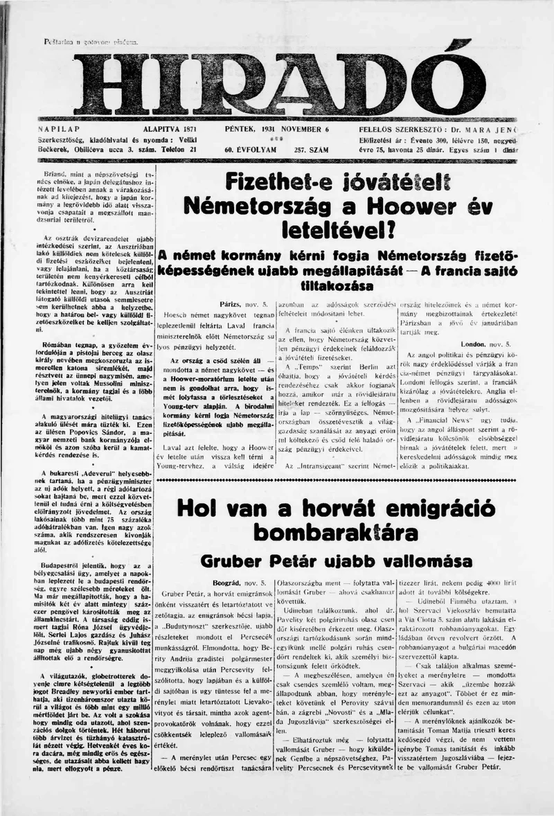 Híradó, 60. évf. 1931. november 6. 257. sz.