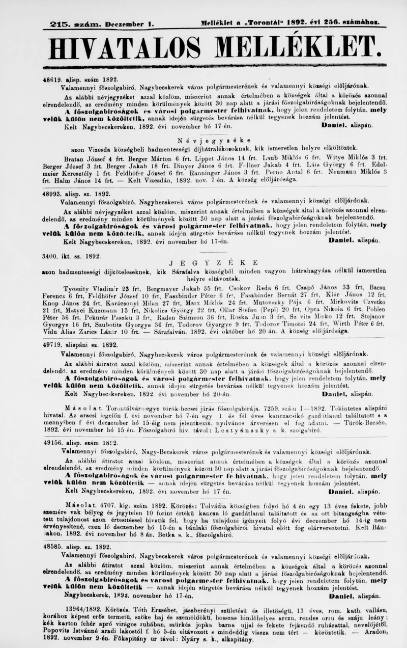 A Totontál  hivatalos melléklete, 5. évf. 1892. december 1. 215. sz.