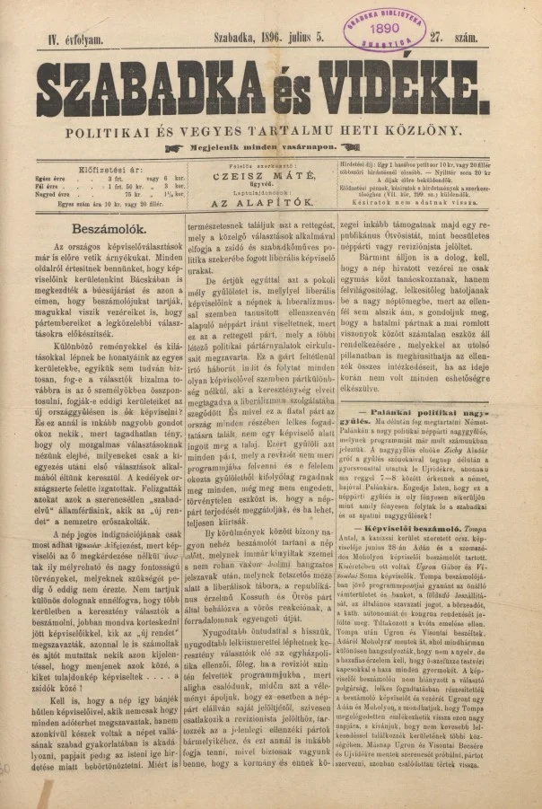 Szabadka és vidéke II, 4. évf. 1896. július 5. 27. sz.