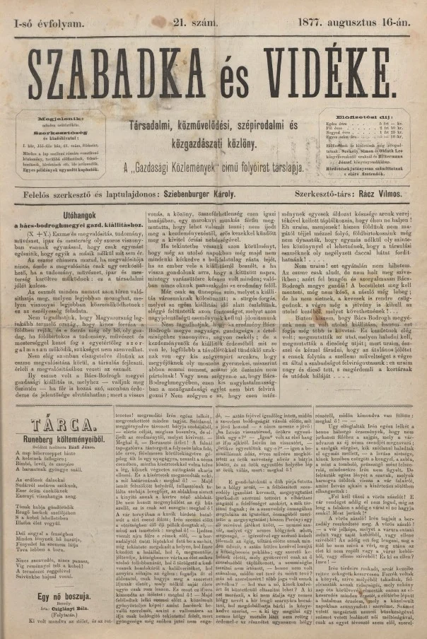 Szabadka és vidéke, 1. évf. 1877. augusztus 16. 21. sz.