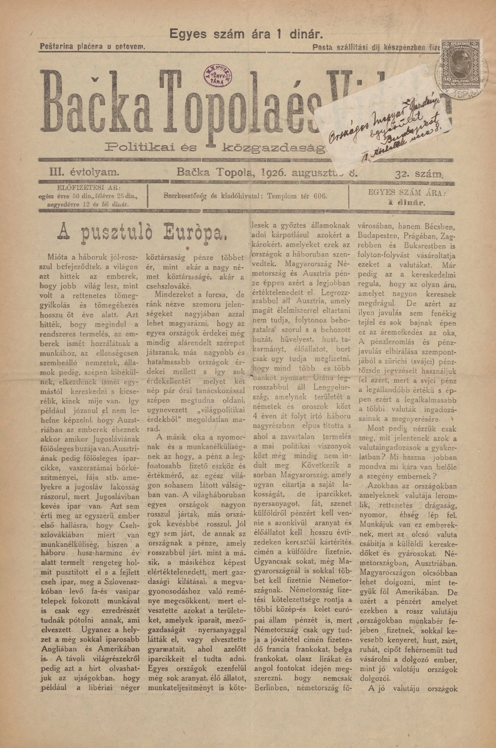 Bačka Topola és Vidéke, 3. évf. 1926. augusztus 8. 32. sz.