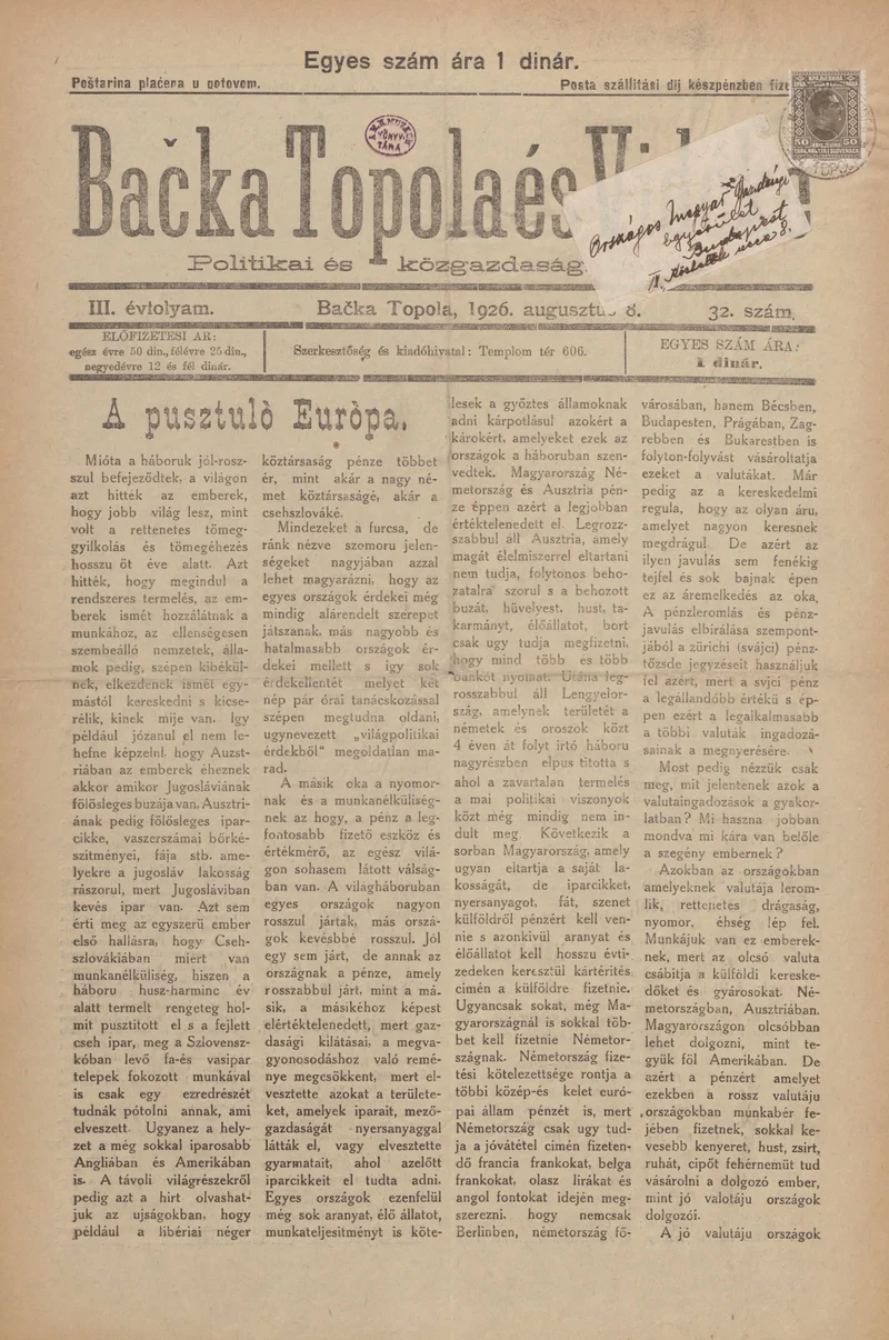 Bačka Topola és Vidéke, 3. évf. 1926. augusztus 8. 32. sz.