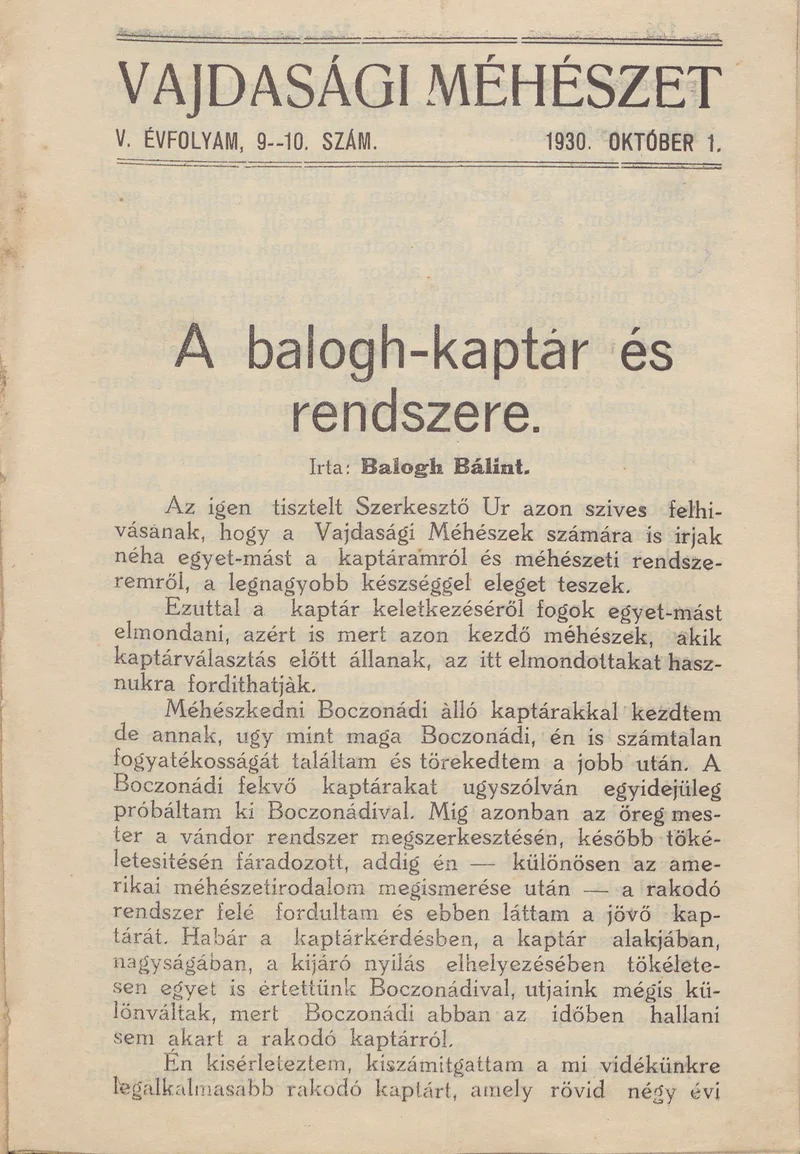 Vajdasági méhészet, 5. évf. 1930. október 1. 9–10. sz.